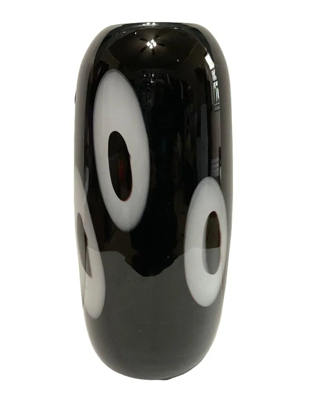 Murano Art Glass Black Cased Glass Vase Hand Blown White Circles Polished 13